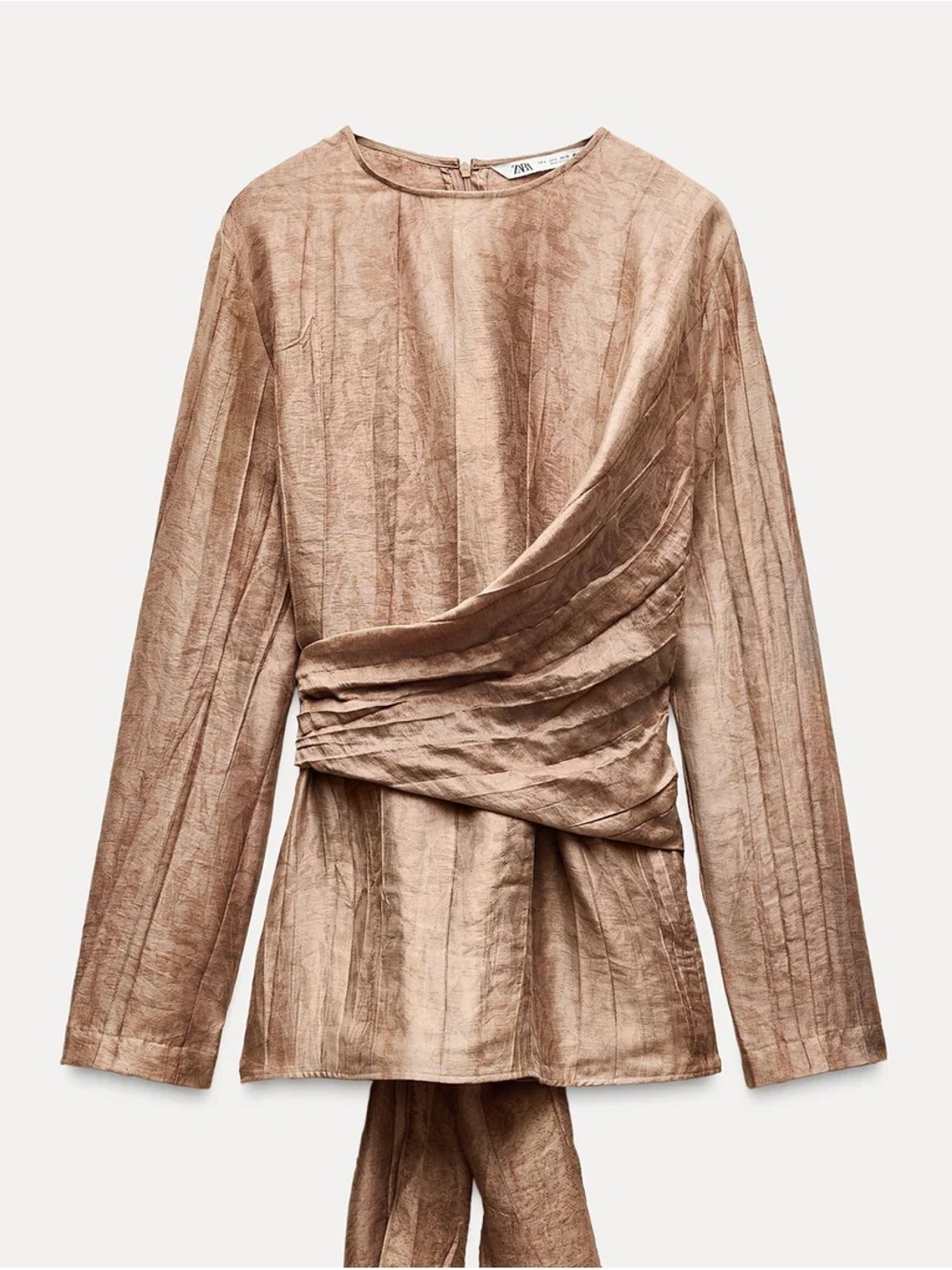 Zara Metallic Taupe Draped Wrap Long-Sleeve Top
